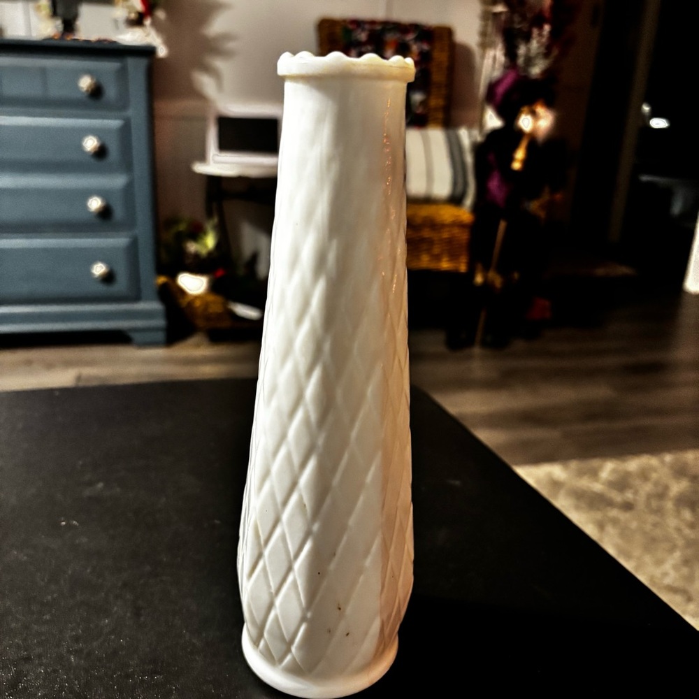 Waffle Pattern bud vase Milk Glass